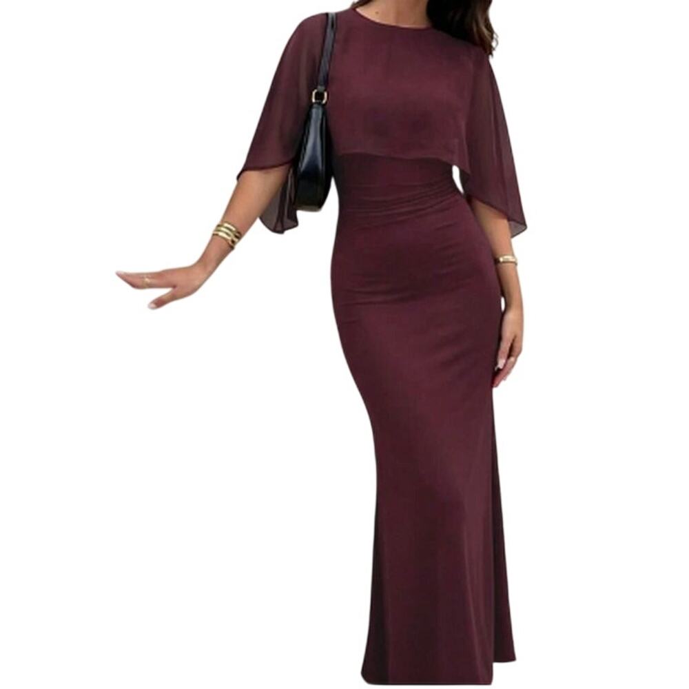Shein Wine Red Chiffon Poncho Design Bodycon Maxi Dress Medium (6)